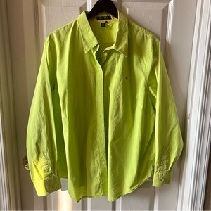 Lauren Ralph Lauren Oversized Neon Lime Green Button Down Shirt, Large
